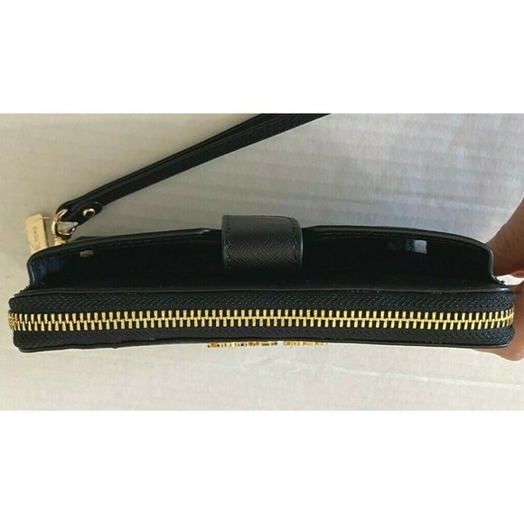 New Michael Kors Jet Set Travel Zip Around Phone Holder Wallet Black with Gold - Picture 5 of 7